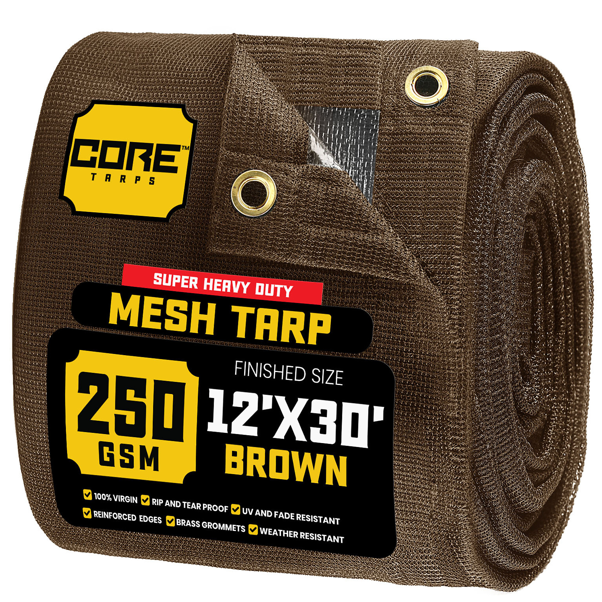 Core Tarps Heavy Duty Mesh Tarp — 12ft. x 30ft., 250 GSM, 7.5 Oz., Polyethylene, Brown, Model# CT-802-12X30